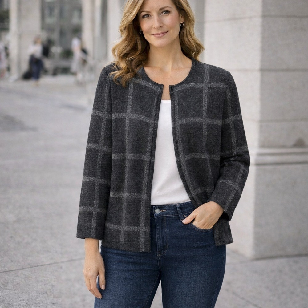 Eileen Fisher Petite PM Merino‎ Wool Windowpane Plaid Cardigan Grey Open Front
